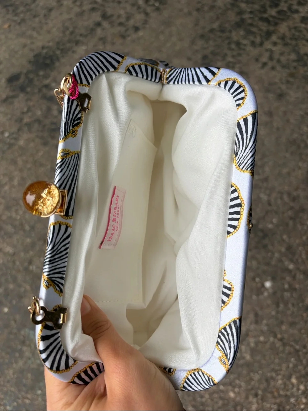 Isaac Mizrahi White Satin Shell-Print Clutch with Gold Chain